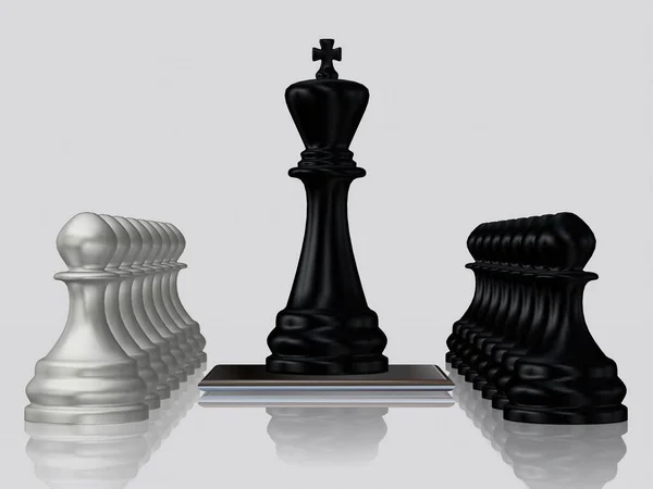 Black Chess King Πιόνια Ενάντια Ασημένια Πιόνια Ταπετσαρία Λευκό Φόντο — Φωτογραφία Αρχείου