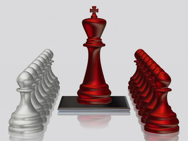 Red Chess King Πιόνια Κατά Των Ασημένιων Πιονιών Λευκό Φόντο — Φωτογραφία Αρχείου