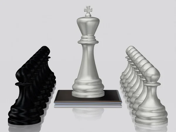 Silver Chess King Πιόνια Κατά Των Μαύρων Πιονιών Λευκό Φόντο — Φωτογραφία Αρχείου