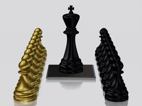 Черный Король Шахмат Пешками Против Золотых Пешек Белый Фон Уникальный — стоковое фото