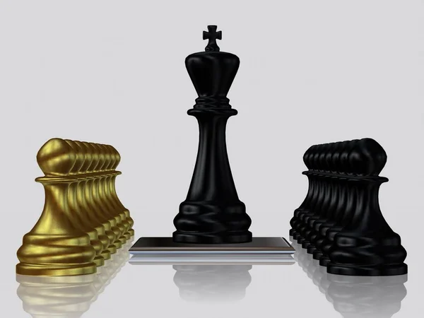 Black Chess King Πιόνια Ενάντια Χρυσά Πιόνια Λευκό Φόντο Ταπετσαρία — Φωτογραφία Αρχείου