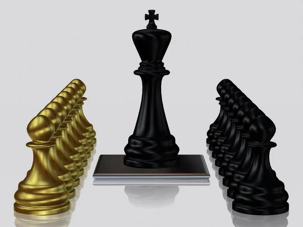 Black Chess King Pawns Golden Pawns Unique Design White Background — Stock Photo, Image