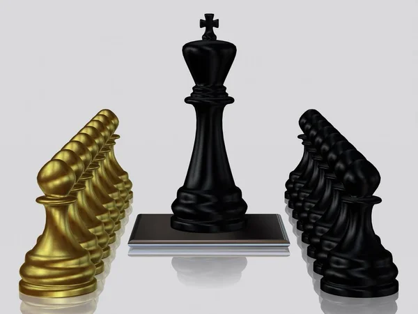 Black Chess King Pawns Golden Pawns Unique Design White Background — Stok Foto