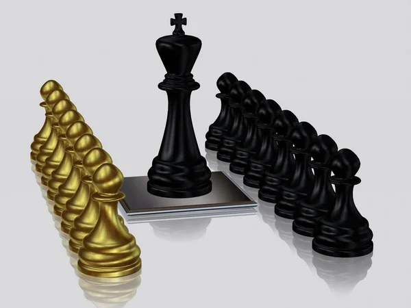 Черный Король Шахмат Пешками Против Золотых Пешек Уникальный Дизайн Обои — стоковое фото