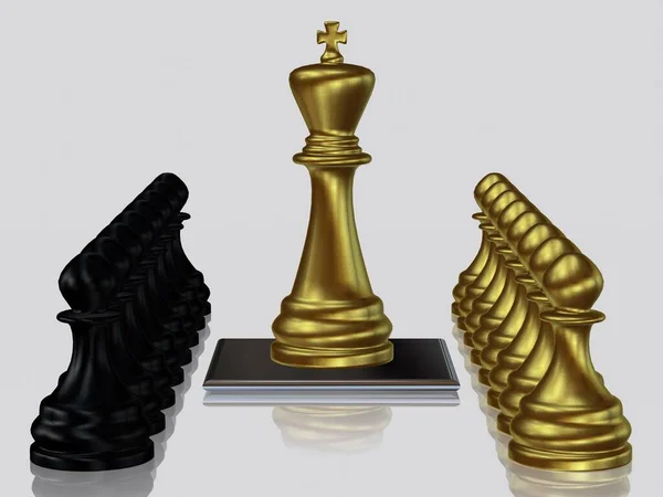 Golden Chess King Πιόνια Κατά Των Μαύρων Πιονιών Λευκό Φόντο — Φωτογραφία Αρχείου