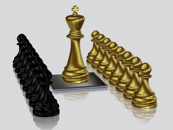 Goldener Schachkönig Mit Bauern Gegen Schwarze Bauern Einzigartiges Design Weißer — Stockfoto