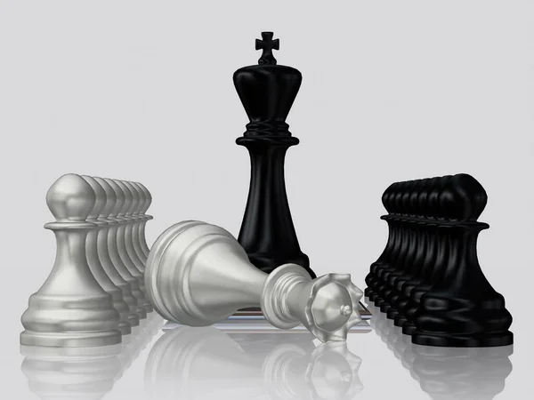Černé Šachy Král Proti Poraženému Stříbrné Královny Pěšáci Bílé Pozadí — Stock fotografie