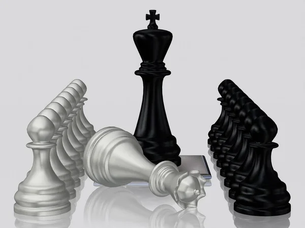 Černé Šachy Král Proti Poražené Stříbrné Královny Pěšáci Bílé Pozadí — Stock fotografie