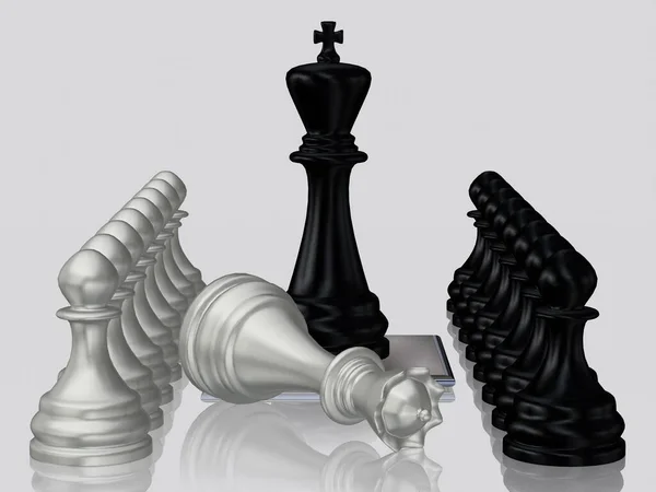 Black Chess King Ενάντια Νικημένη Silver Queen Πιόνια Λευκό Φόντο — Φωτογραφία Αρχείου