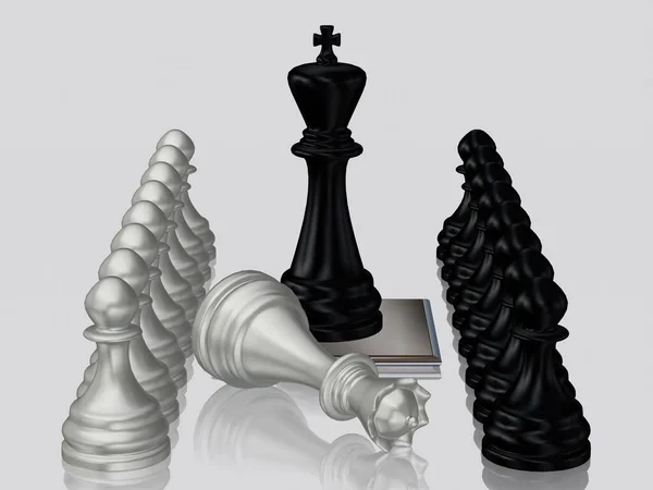 Black Chess King Defeated Silver Queen Пешки Уникальный Дизайн Белый — стоковое фото
