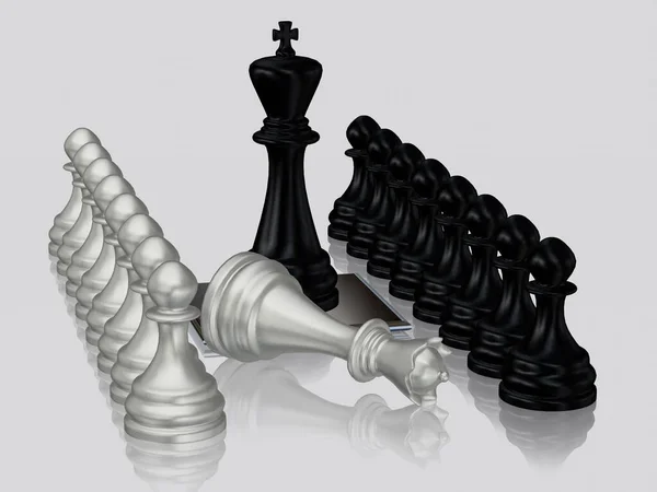 Fekete Sakk Király Ellen Legyőzött Ezüst Királynő Gyalogok Egyedi Design — Stock Fotó