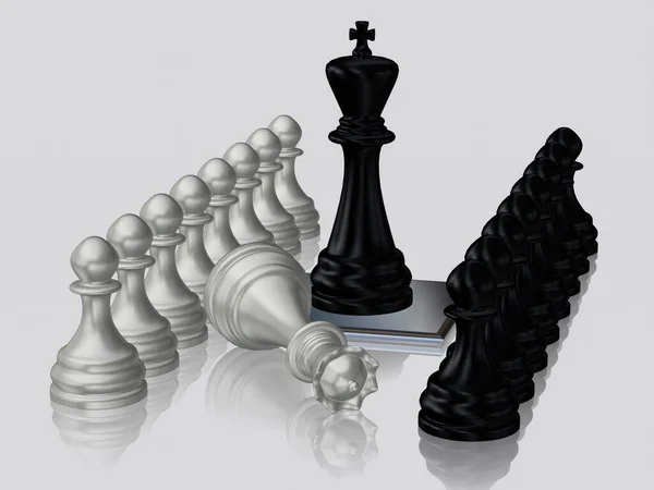Black Chess King Defeated Silver Queen Pawns Wallpaper White Background — Stock Photo, Image