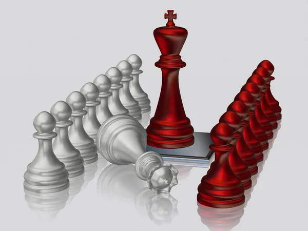 Red Chess King Defeated Silver Queen Pawns Wallpaper White Background — Stock Photo, Image