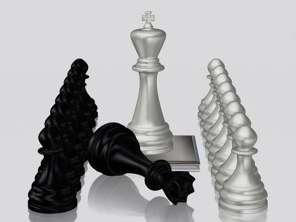 Silver Chess King Κατά Ηττημένη Μαύρη Βασίλισσα Πιόνια Λευκό Φόντο — Φωτογραφία Αρχείου
