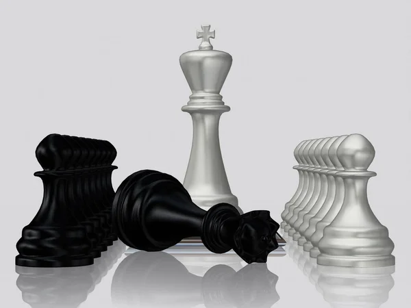 Ezüst Sakk Király Ellen Legyőzött Fekete Királynő Gyalogok Fehér Háttér — Stock Fotó