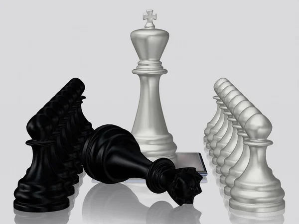 Silver Chess King Defeated Black Queen Pawns Unique Design White — Stock Photo, Image