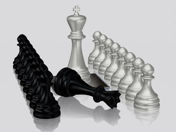 Silver Chess King Ενάντια Νικημένη Μαύρη Βασίλισσα Πιόνια Μοναδικό Σχέδιο — Φωτογραφία Αρχείου