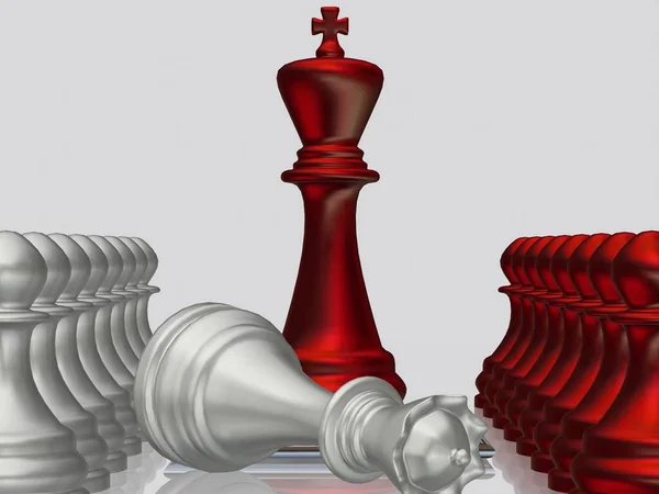 敗北したシルバークイーン ポーン ユニークなデザイン ホワイトバックグラウンドに対する赤チェスキング — ストック写真