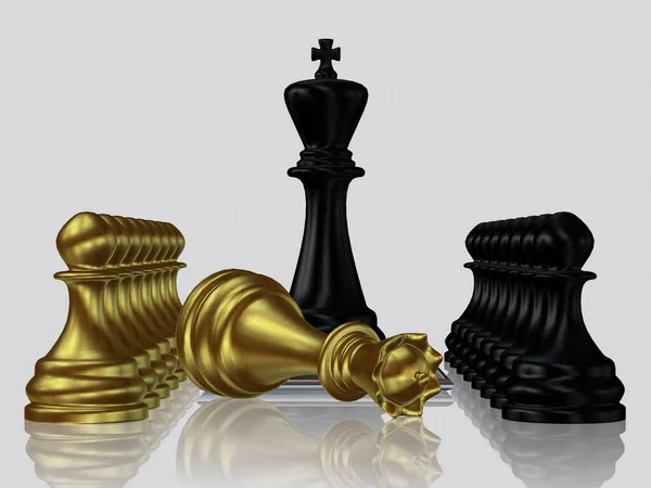 Black Chess King Ενάντια Νικημένη Χρυσή Βασίλισσα Πιόνια Λευκό Φόντο — Φωτογραφία Αρχείου