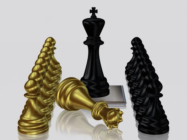 Black Chess King Ενάντια Νικημένη Χρυσή Βασίλισσα Πιόνια Λευκό Φόντο — Φωτογραφία Αρχείου