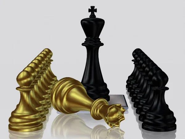 Zwarte Schaakkoning Tegen Verslagen Gouden Koningin Pionnen Uniek Ontwerp Witte — Stockfoto