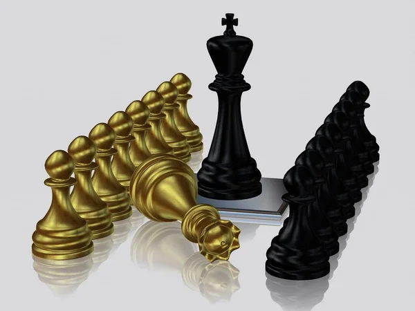 Black Chess King Ενάντια Νικημένη Χρυσή Βασίλισσα Πιόνια Ταπετσαρία Λευκό — Φωτογραφία Αρχείου
