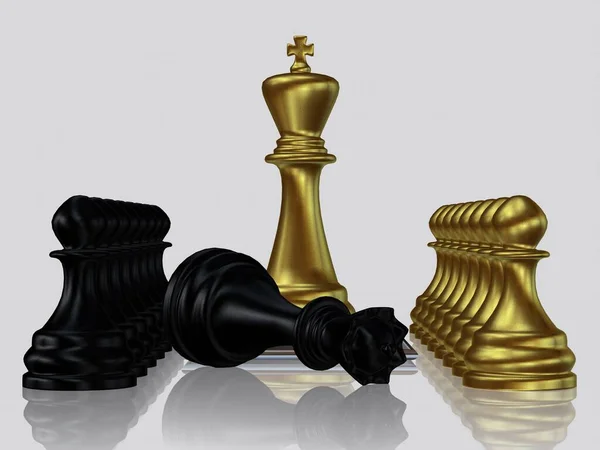 Golden Chess King Ενάντια Νικημένη Μαύρη Βασίλισσα Πιόνια Λευκό Φόντο — Φωτογραφία Αρχείου