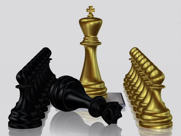 Золотой Шахматный Король Против Побежденной Черной Королевы Патетики Белого Фона — стоковое фото
