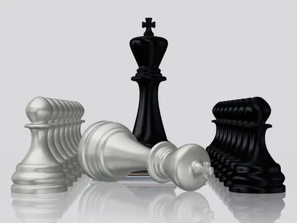 Fekete Sakk Király Ellen Legyőzött Ezüst Király Gyalogok Fehér Háttér — Stock Fotó
