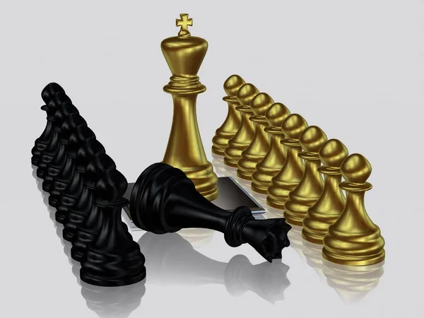 Golden Chess King Ενάντια Νικημένη Μαύρη Βασίλισσα Πιόνια Ταπετσαρία Λευκό — Φωτογραφία Αρχείου