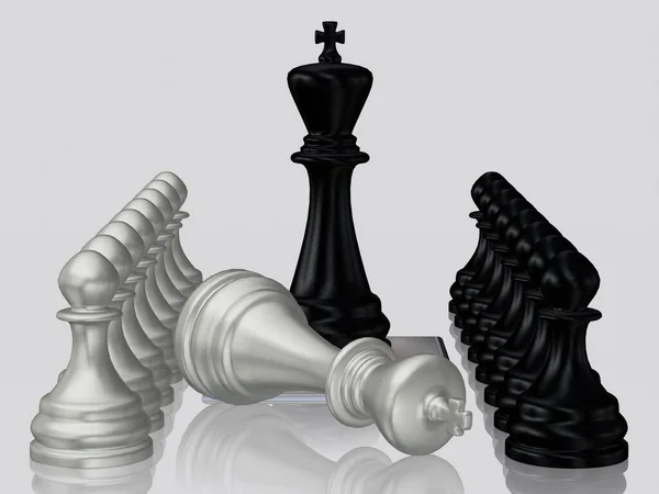 Μαύρος Βασιλιάς Σκάκι Ενάντια Νικημένος Βασιλιάς Ασήμι Πιόνια Λευκό Φόντο — Φωτογραφία Αρχείου
