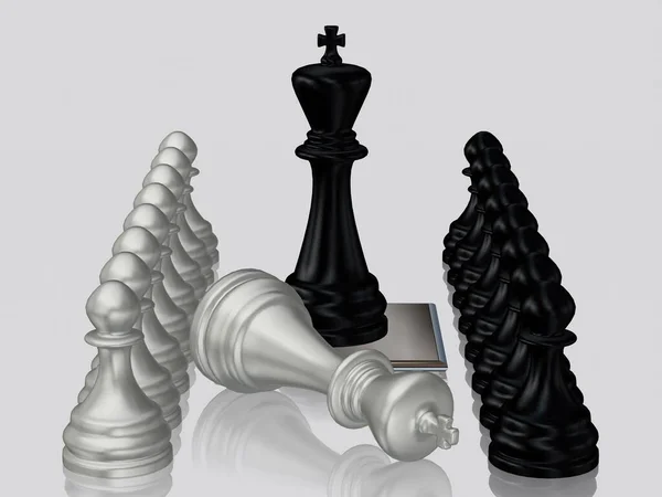 Black Chess King Defeated Silver King Пешки Уникальный Дизайн Белый — стоковое фото