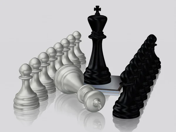 Μαύρος Βασιλιάς Σκάκι Ενάντια Νικημένος Βασιλιάς Ασήμι Πιόνια Ταπετσαρία Λευκό — Φωτογραφία Αρχείου