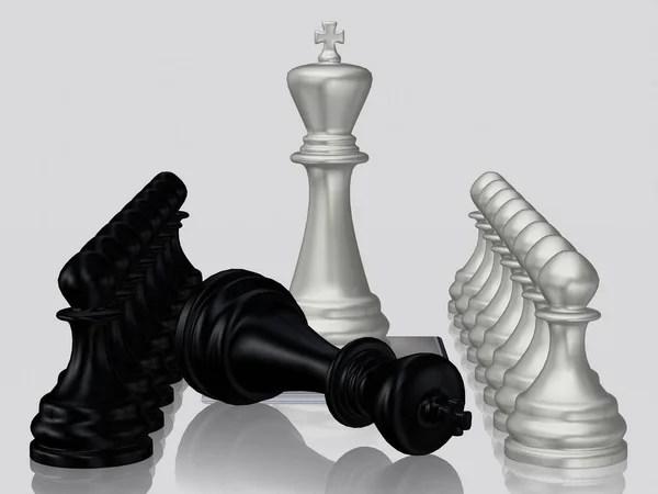 Ασημένιο Σκακιστικό Βασιλιάς Ενάντια Νικημένος Μαύρος Βασιλιάς Πιόνια Λευκό Φόντο — Φωτογραφία Αρχείου