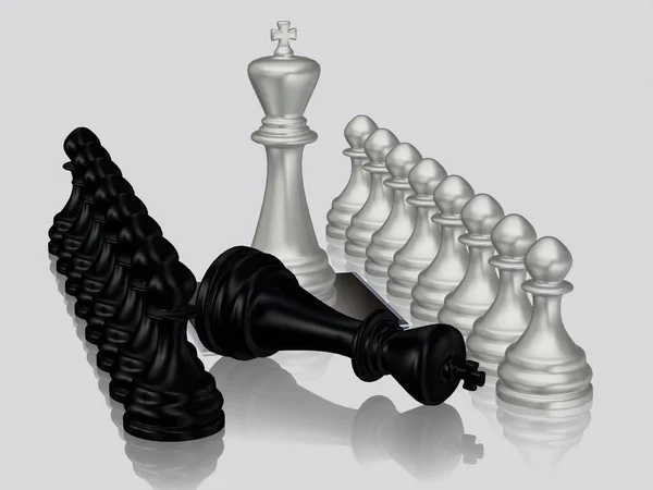 Ασημένιο Σκακιστικό Βασιλιάς Ενάντια Νικημένος Μαύρος Βασιλιάς Πιόνια Ταπετσαρία Λευκό — Φωτογραφία Αρχείου