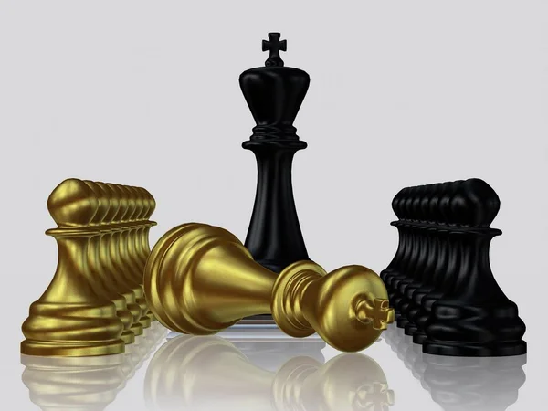 Degli Scacchi Neri Contro Oro Sconfitto Pawns Sfondo Bianco Design — Foto Stock