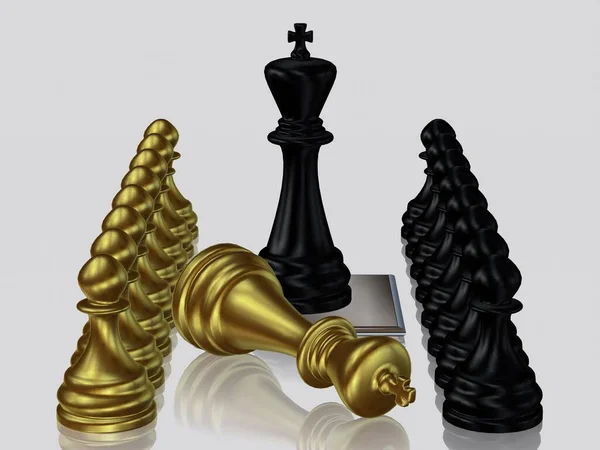 Μαύρος Βασιλιάς Σκάκι Ενάντια Νικημένος Χρυσός Βασιλιάς Πιόνια Μοναδικό Σχέδιο — Φωτογραφία Αρχείου