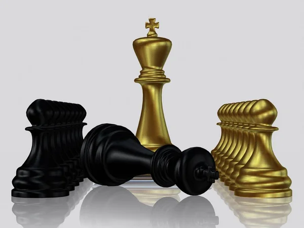 Χρυσός Βασιλιάς Σκάκι Ενάντια Νικημένος Μαύρος Βασιλιάς Πιόνια Λευκό Φόντο — Φωτογραφία Αρχείου