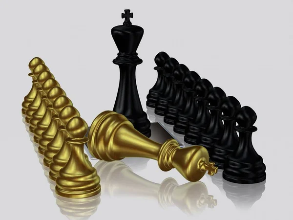 Μαύρος Βασιλιάς Σκάκι Ενάντια Νικημένος Χρυσός Βασιλιάς Πιόνια Ταπετσαρία Λευκό — Φωτογραφία Αρχείου