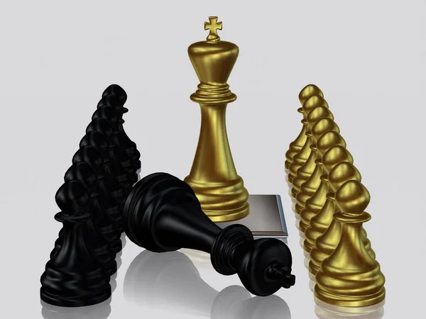 Χρυσός Βασιλιάς Σκάκι Ενάντια Νικημένος Μαύρος Βασιλιάς Πιόνια Μοναδικό Σχέδιο — Φωτογραφία Αρχείου