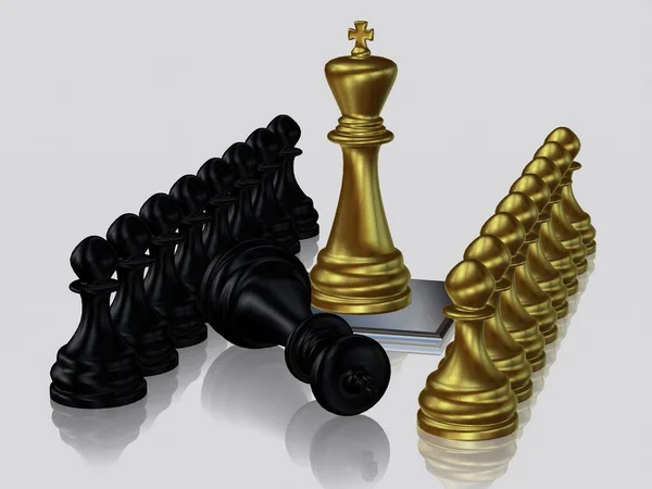 Χρυσός Βασιλιάς Σκάκι Ενάντια Νικημένος Μαύρος Βασιλιάς Πιόνια Ταπετσαρία Λευκό — Φωτογραφία Αρχείου