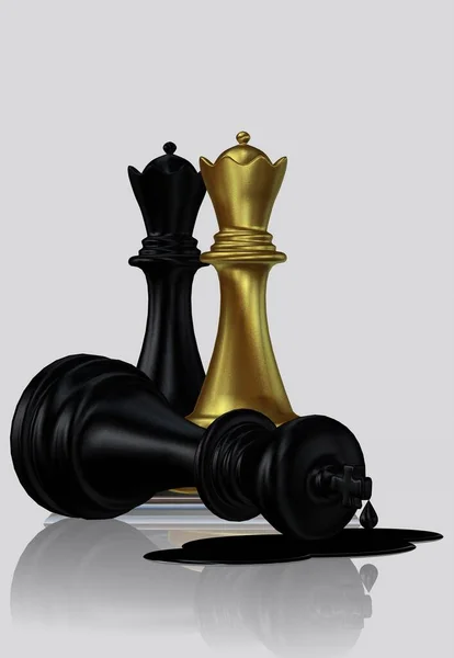 Assassinato Misterioso Rei Xadrez Negro Pelas Rainhas Douradas Negras Fundo — Fotografia de Stock