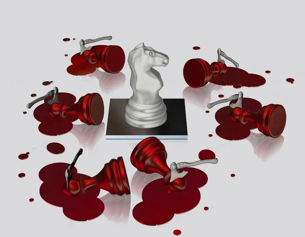 Загадочное Убийство Красных Шахматных Пешек Белым Рыцарем Уникальный Дизайн Фон — стоковое фото