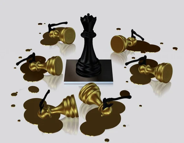 Загадочное Убийство Золотых Шахматных Пешек Черной Королевой Уникальный Дизайн Фон — стоковое фото