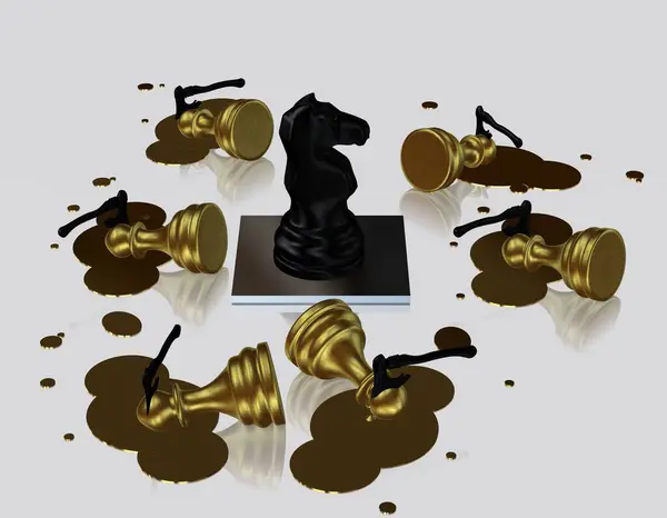 Загадочное Убийство Золотого Шахматного Короля Черным Рыцарем Уникальный Дизайн Фон — стоковое фото