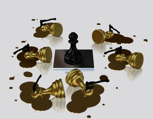 Загадочное Убийство Золотых Шахматных Пешек Черной Пешкой Уникальный Дизайн Фон — стоковое фото