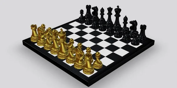 Šachovnice Zlatými Černými Figurkami Bílé Pozadí Unikátní Abstraktní Design — Stock fotografie