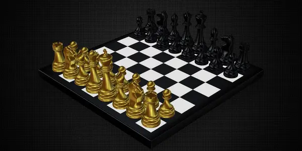 Šachovnice Zlatými Černými Figurkami Tmavé Pozadí Unikátní Abstraktní Design — Stock fotografie