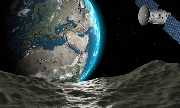 Vista Dalla Luna Alla Terra Satellite Sfondo Stelle Design Unico — Foto Stock