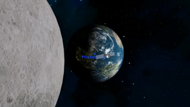 Podejście Filadelfii Przez Księżyc Satelita Przestrzeń Ziemia Samolot Render — Wideo stockowe